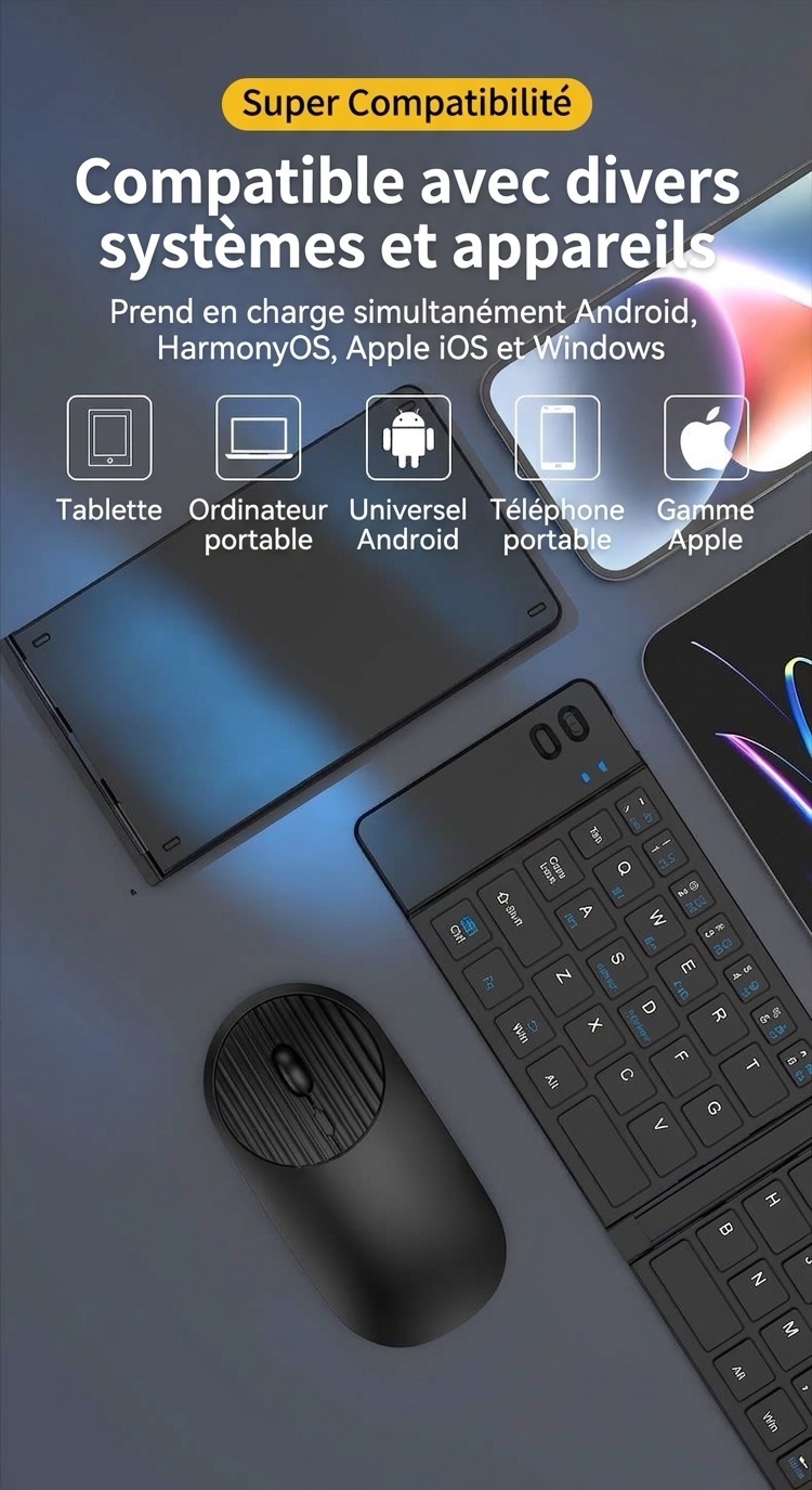Ensemble clavier et souris Bluetooth pliables avec batterie de 90 heures, compatible avec plusieurs appareils.