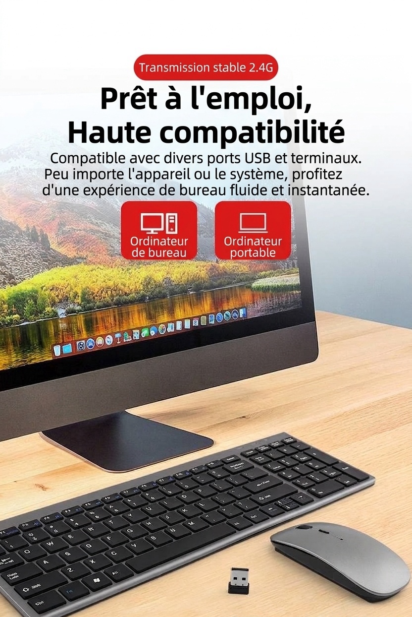 Slim 2.4G Wireless Keyboard & Mouse Combo with Quiet Scissor-Foot Keys