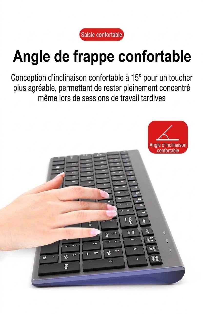 Ensemble clavier et souris sans fil 2,4 GHz ultra-fin avec touches à mécanisme ciseaux silencieuses