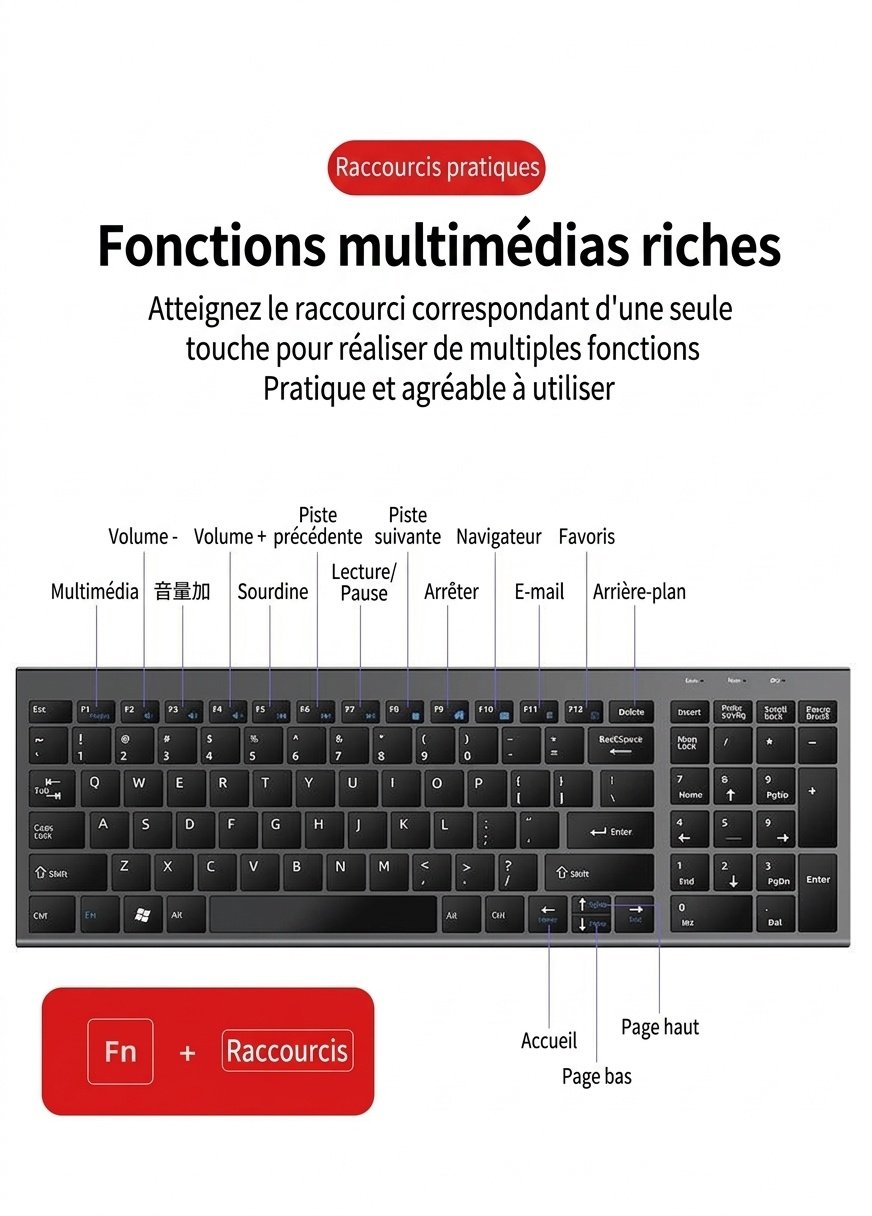 Ensemble clavier et souris sans fil 2,4 GHz ultra-fin avec touches à mécanisme ciseaux silencieuses