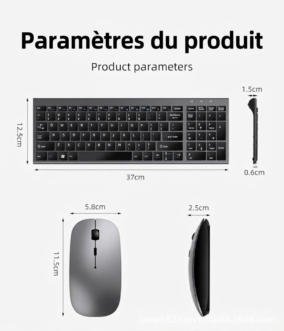 Ensemble clavier et souris sans fil 2,4 GHz ultra-fin avec touches à mécanisme ciseaux silencieuses