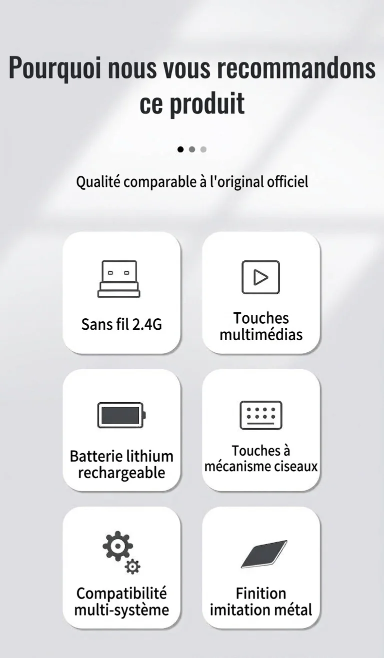 Ensemble clavier et souris sans fil 2,4 GHz rechargeable ultra-fin, autonomie de 20 jours