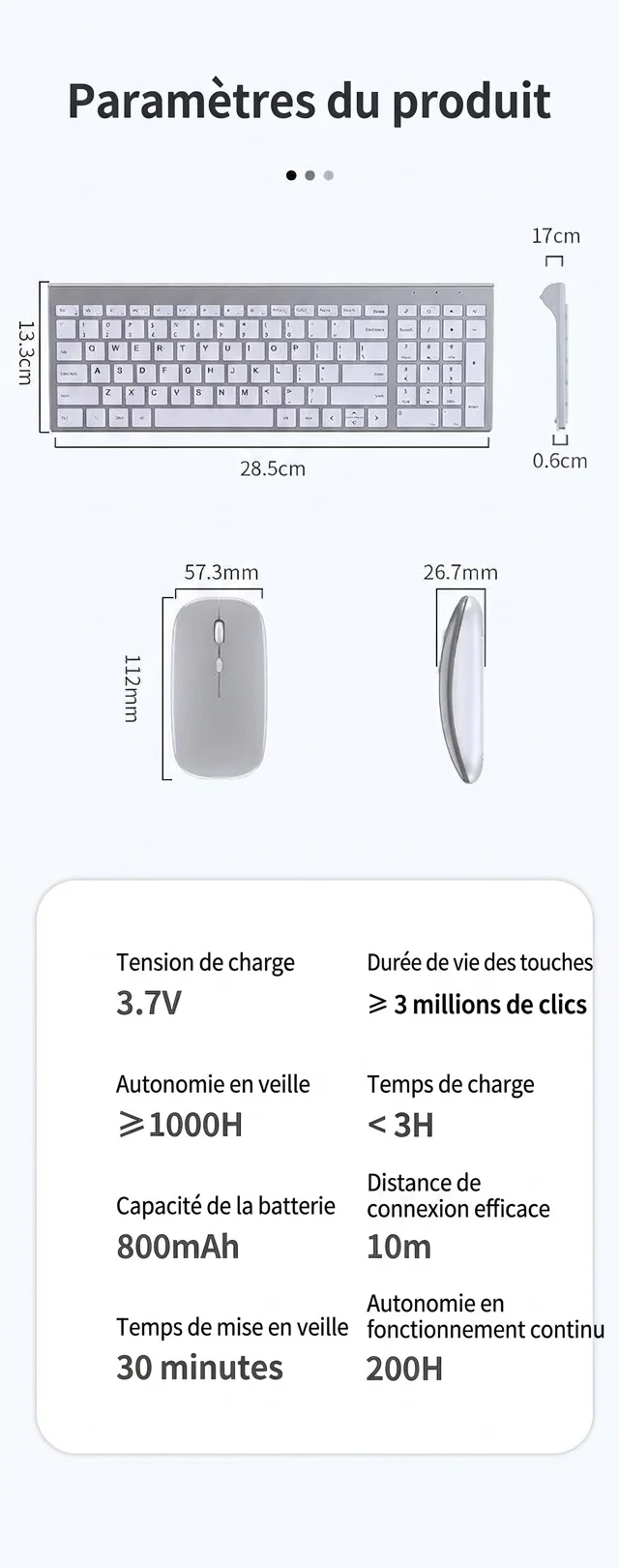 Ensemble clavier et souris sans fil 2,4 GHz rechargeable ultra-fin, autonomie de 20 jours
