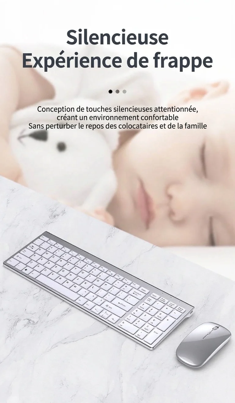 Ensemble clavier et souris sans fil 2,4 GHz rechargeable ultra-fin, autonomie de 20 jours