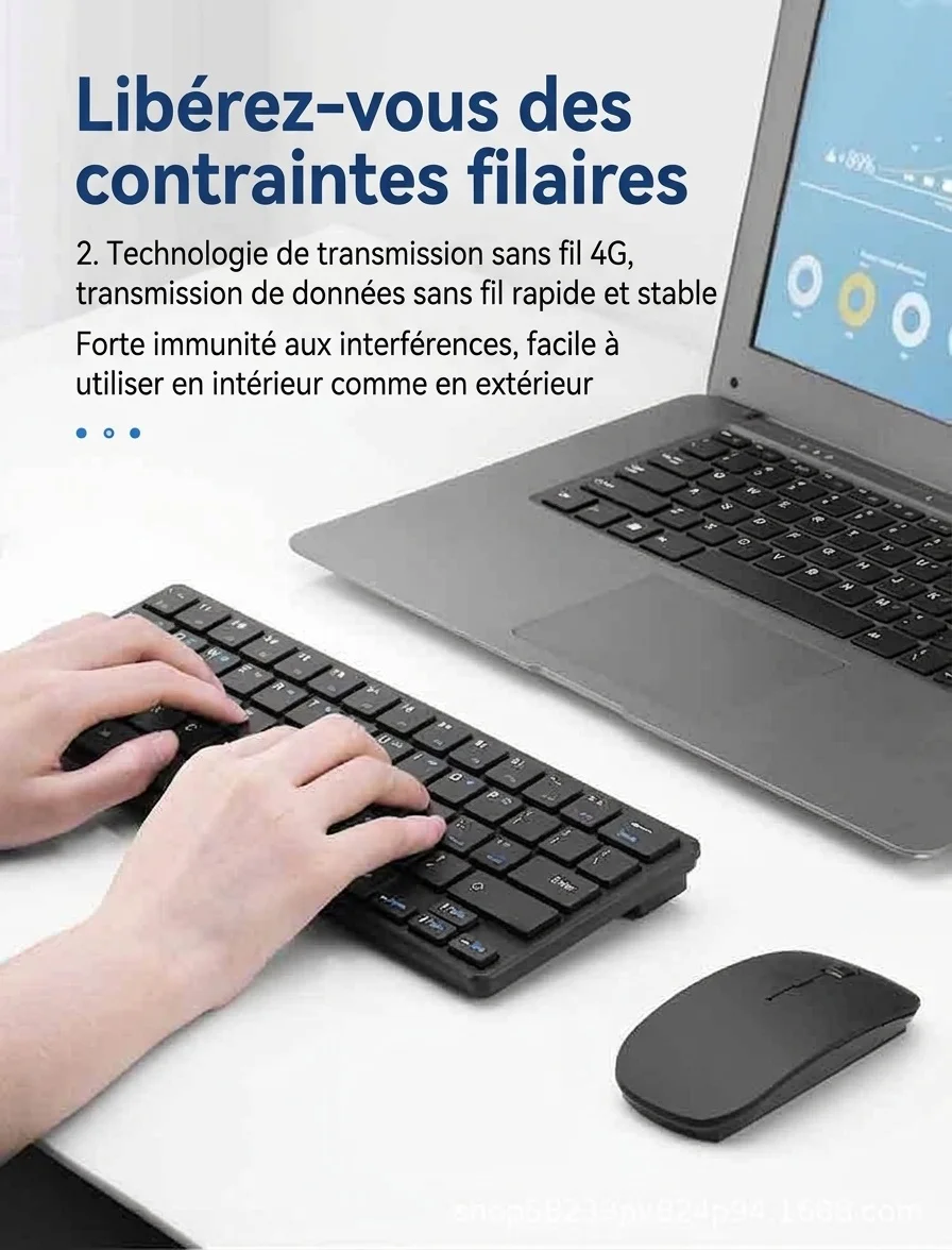 Ensemble clavier et souris de bureau sans fil 2,4 GHz compact avec économie d'énergie intelligente