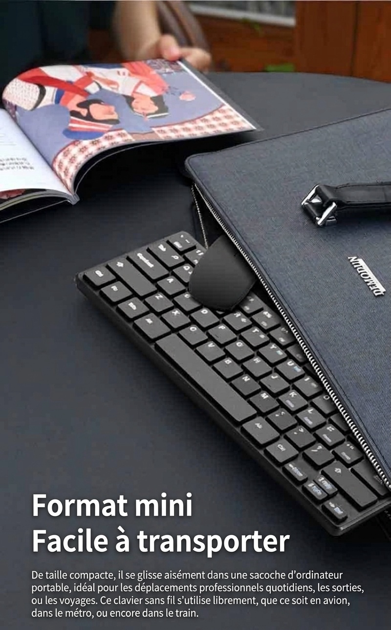 Ensemble clavier et souris de bureau sans fil 2,4 GHz compact avec économie d'énergie intelligente