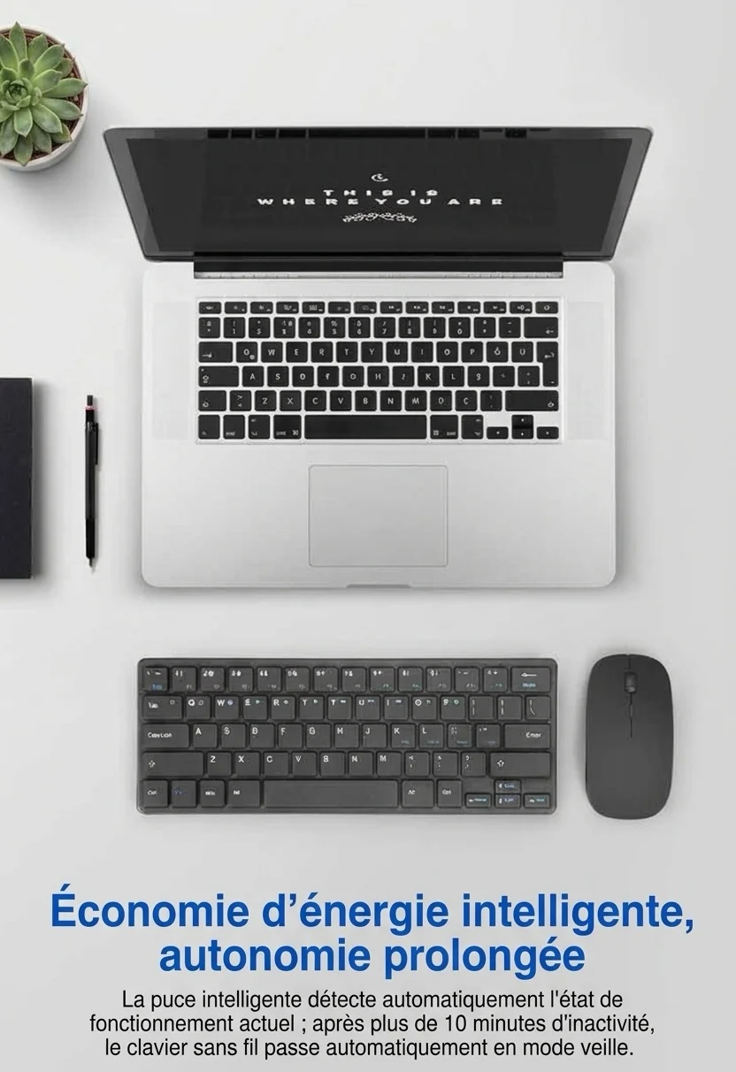 Ensemble clavier et souris de bureau sans fil 2,4 GHz compact avec économie d'énergie intelligente