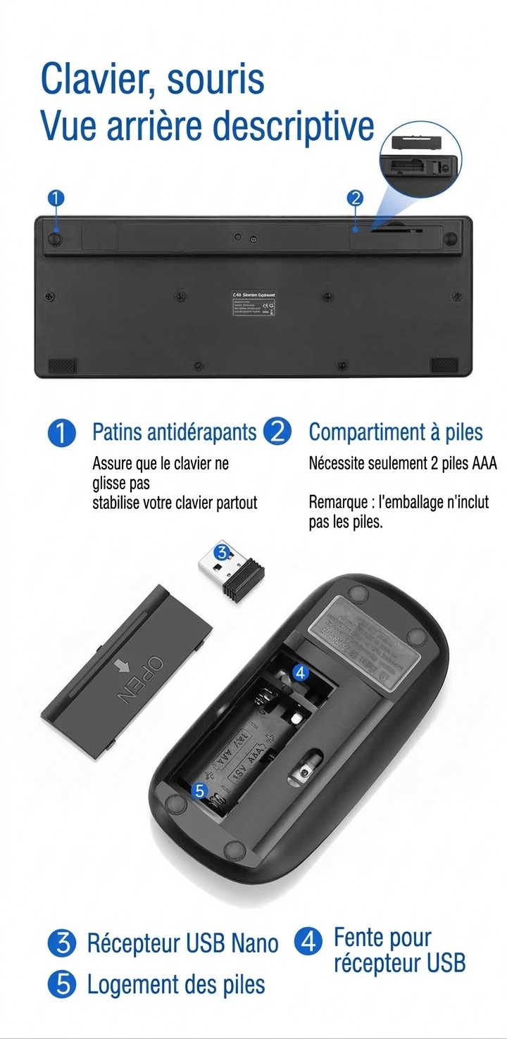 Ensemble clavier et souris de bureau sans fil 2,4 GHz compact avec économie d'énergie intelligente