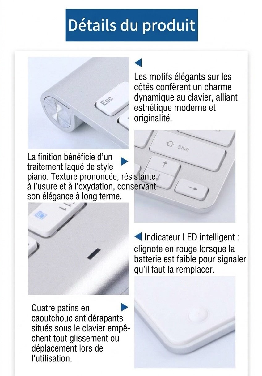 Ensemble clavier et souris sans fil Bluetooth ultra-fin compatible avec plusieurs appareils