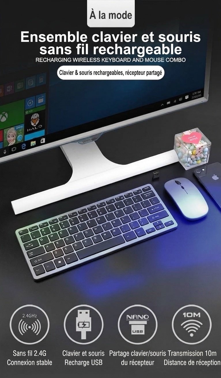 Ensemble clavier et souris sans fil 2,4 GHz rechargeable avec DPI réglable