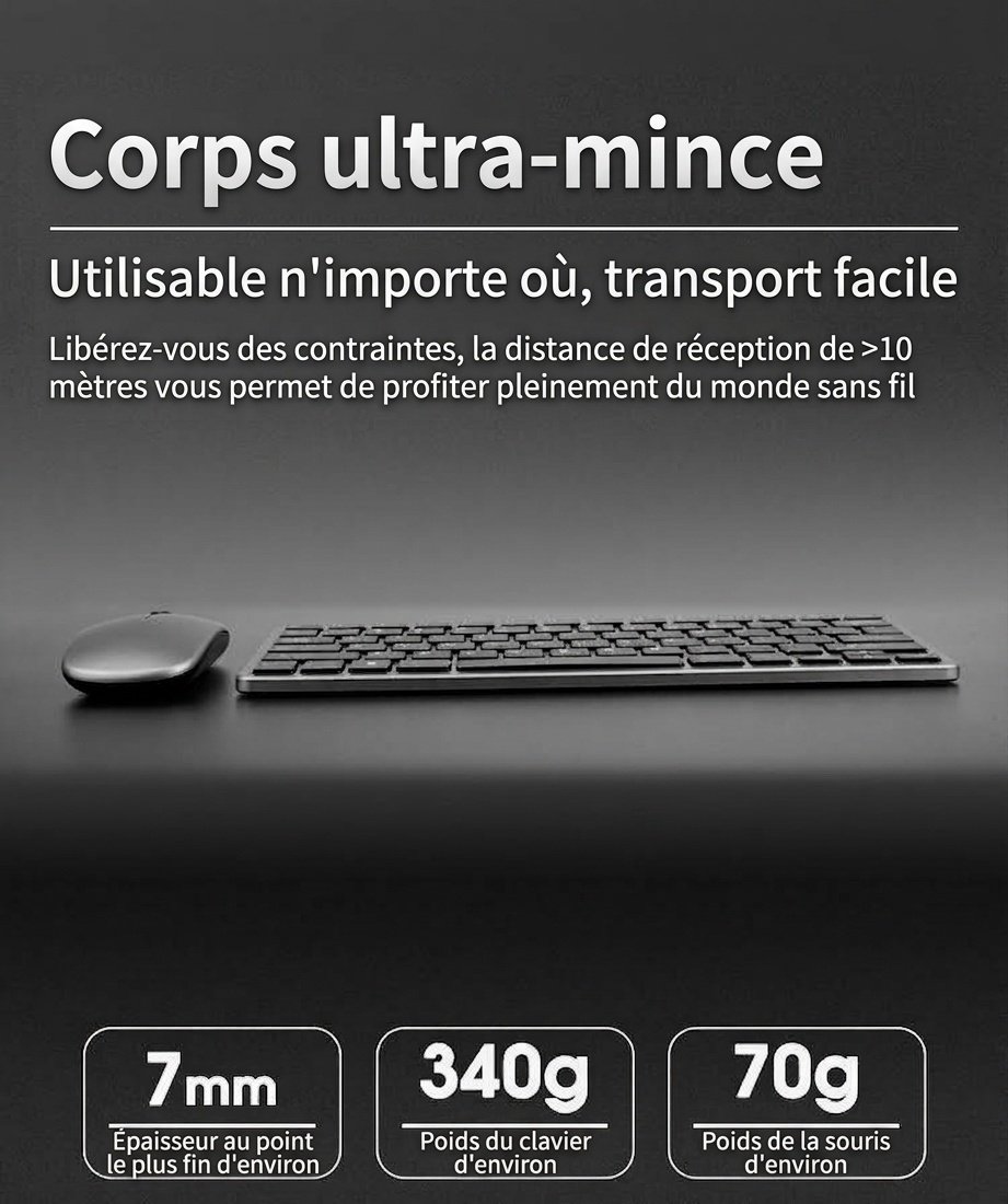 Ensemble clavier et souris sans fil 2,4 GHz rechargeable avec DPI réglable