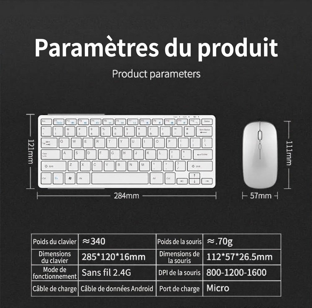 Ensemble clavier et souris sans fil 2,4 GHz rechargeable avec DPI réglable