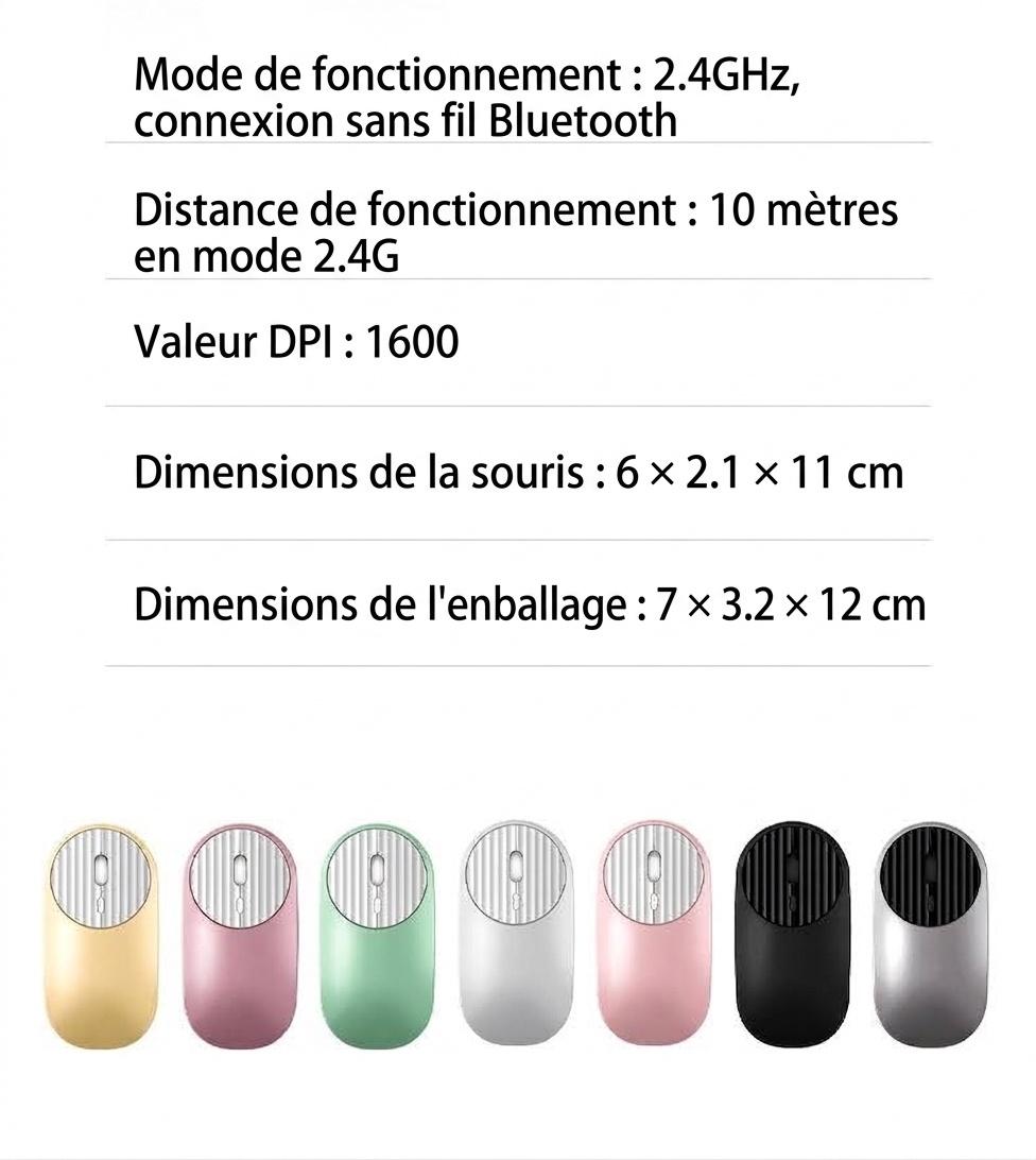 Souris sans fil double mode Bluetooth et 2,4 GHz, rechargeable, 1&nbsp;600&nbsp;DPI