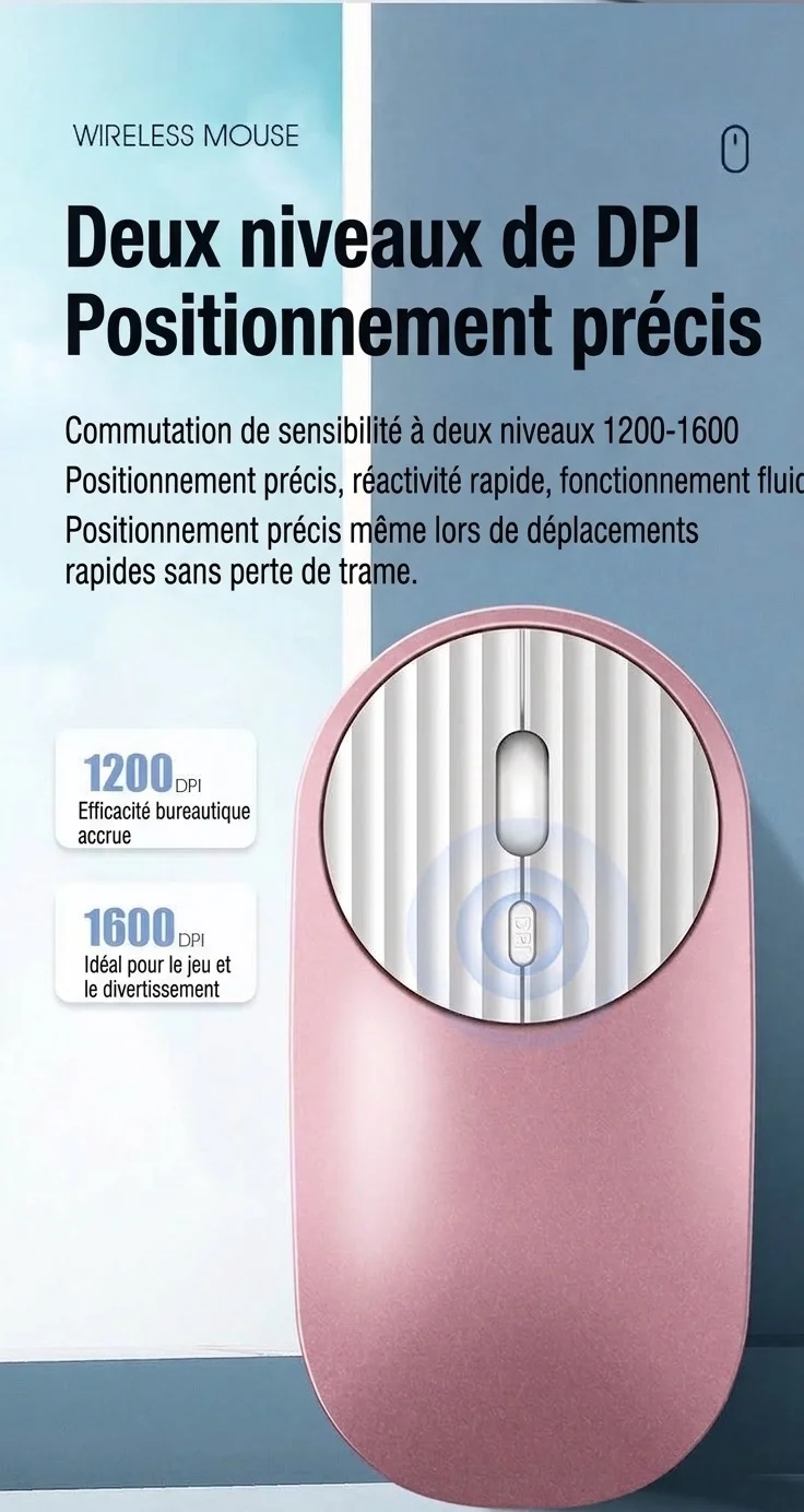 Souris sans fil double mode Bluetooth et 2,4 GHz, rechargeable, 1 600 DPI