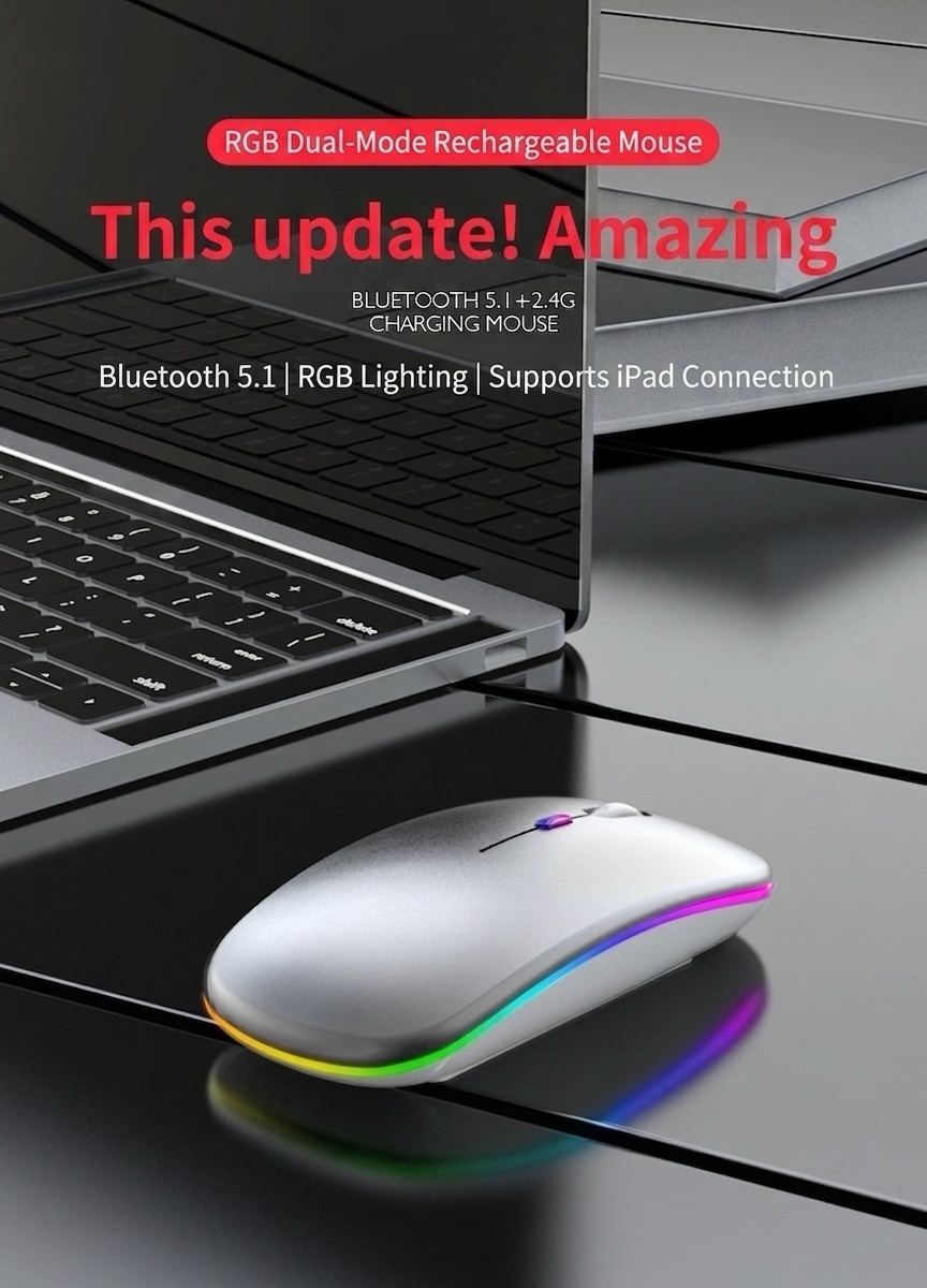Ergonomic RGB Wireless Mouse, Dual-Mode Bluetooth 5.1 & 2.4G, 500mAh Battery