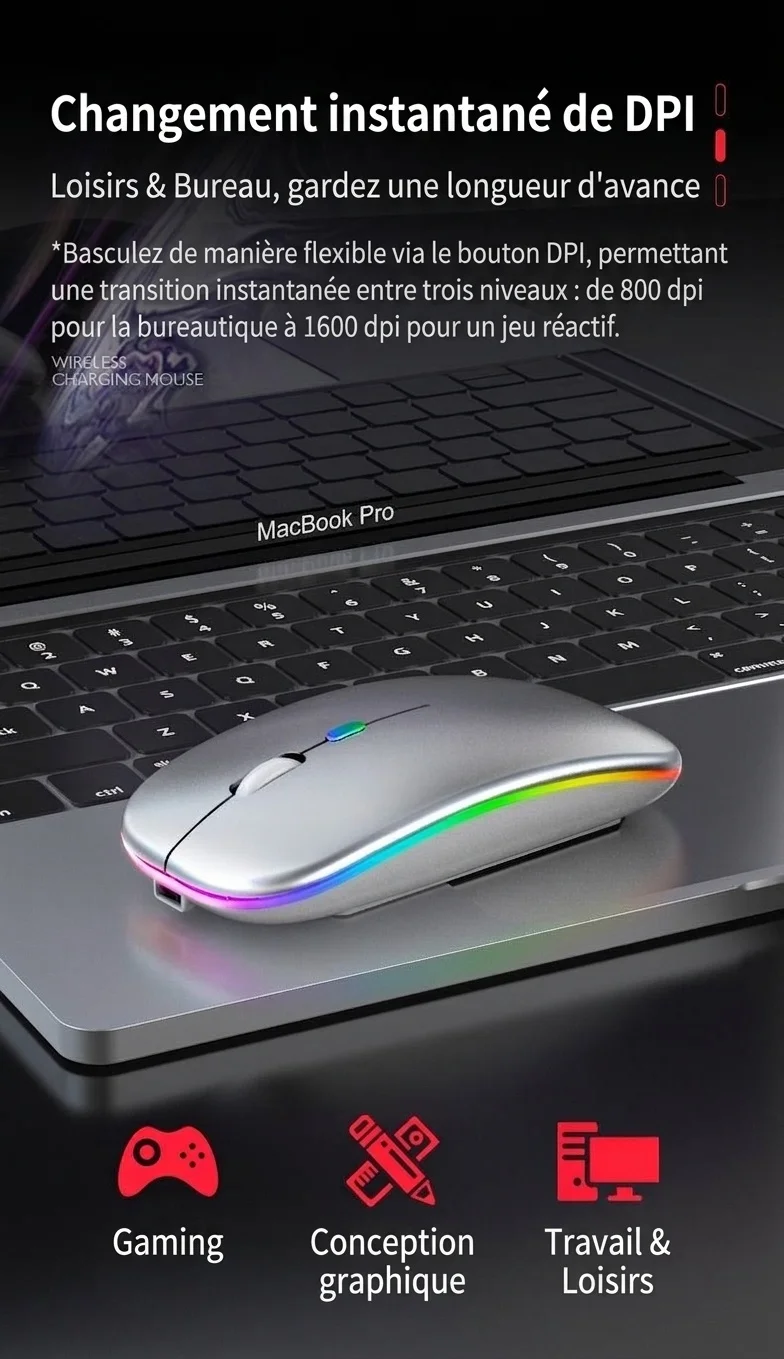 Souris sans fil ergonomique RGB, Bluetooth 5.1 et 2,4 GHz double mode, batterie 500 mAh