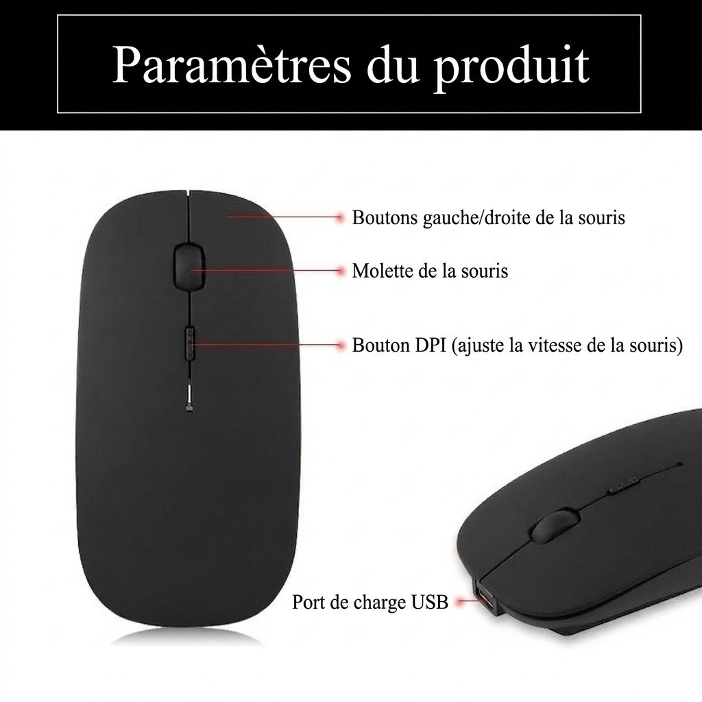 Souris sans fil silencieuse double mode, connectivité Bluetooth et 2,4 GHz avec DPI réglable
