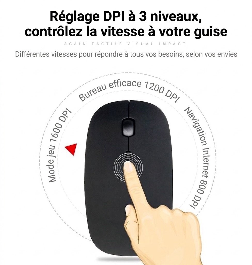 Souris sans fil silencieuse double mode, connectivité Bluetooth et 2,4 GHz avec DPI réglable