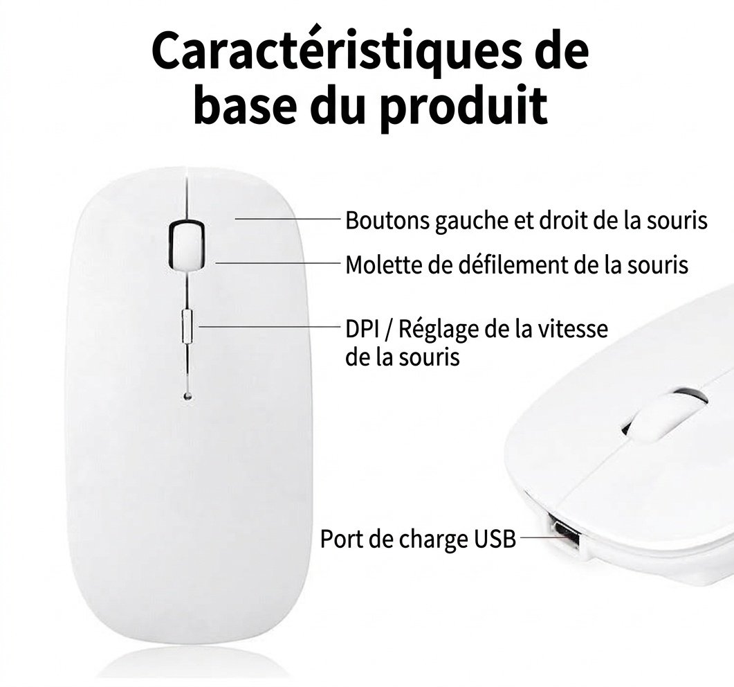 Souris sans fil silencieuse double mode, connectivité Bluetooth et 2,4 GHz avec DPI réglable