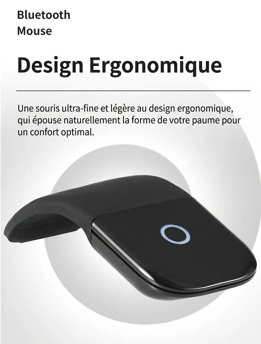 Souris Bluetooth 5.0 pliable ultra-fine, clics silencieux, autonomie de 1440 heures