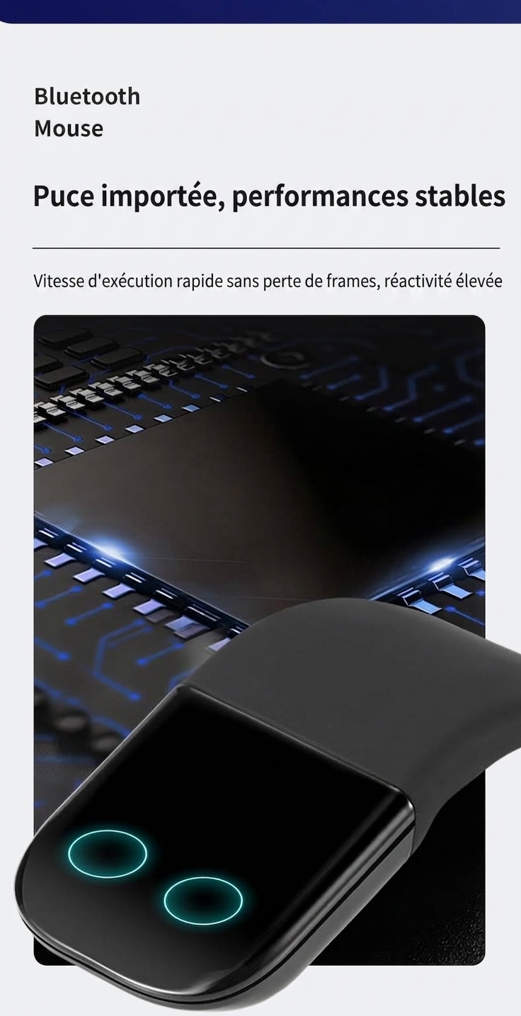 Souris Bluetooth 5.0 pliable ultra-fine, clics silencieux, autonomie de 1440 heures