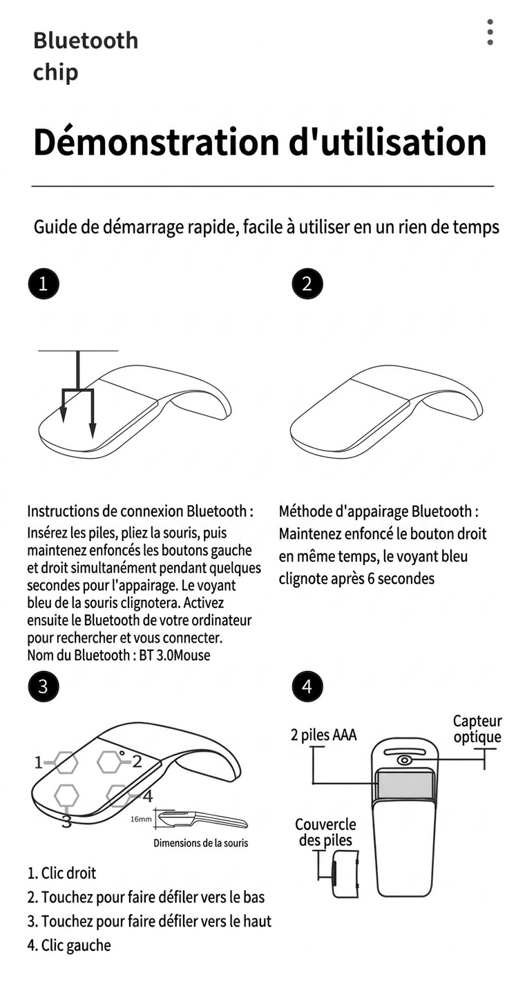 Souris Bluetooth 5.0 pliable ultra-fine, clics silencieux, autonomie de 1440 heures