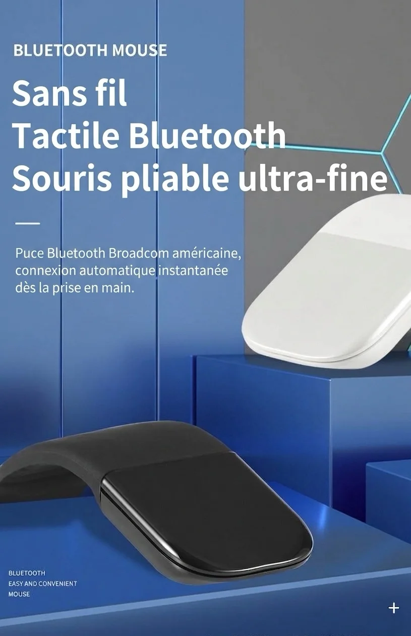 Souris Bluetooth 5.0 pliable ultra-fine, clics silencieux, autonomie de 1440 heures