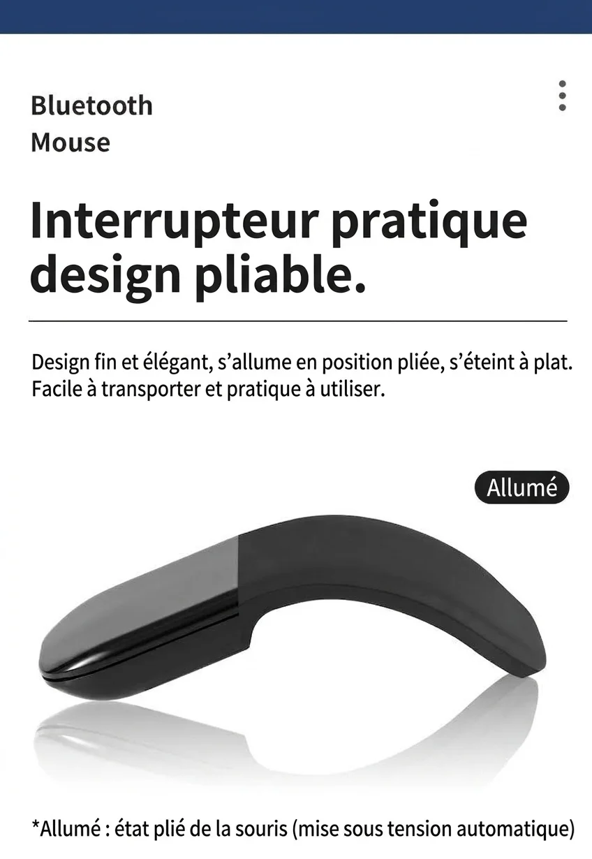 Souris Bluetooth 5.0 pliable ultra-fine, clics silencieux, autonomie de 1440 heures