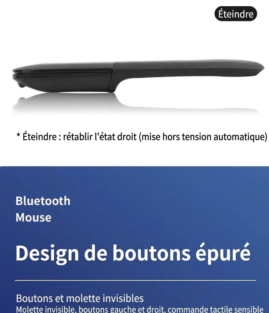 Souris Bluetooth 5.0 pliable ultra-fine, clics silencieux, autonomie de 1440 heures