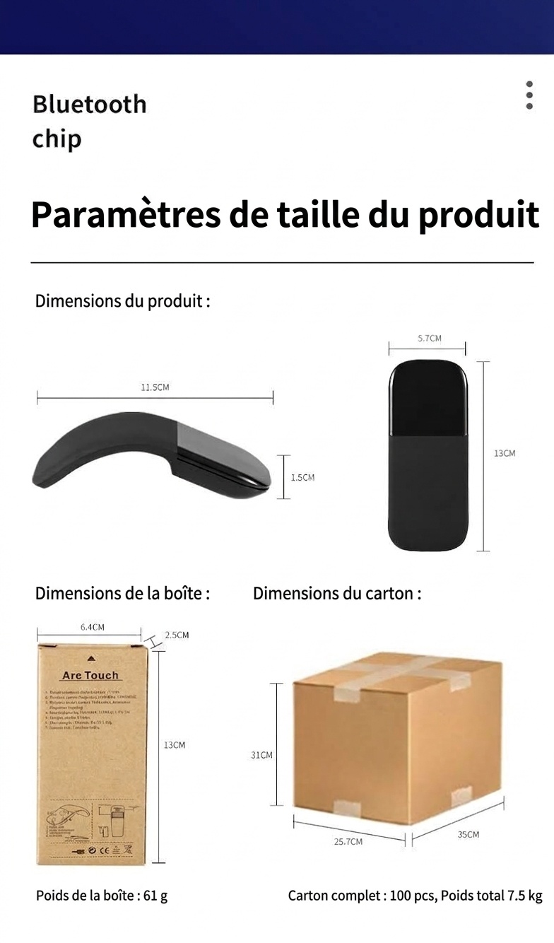 Souris Bluetooth 5.0 pliable ultra-fine, clics silencieux, autonomie de 1440 heures