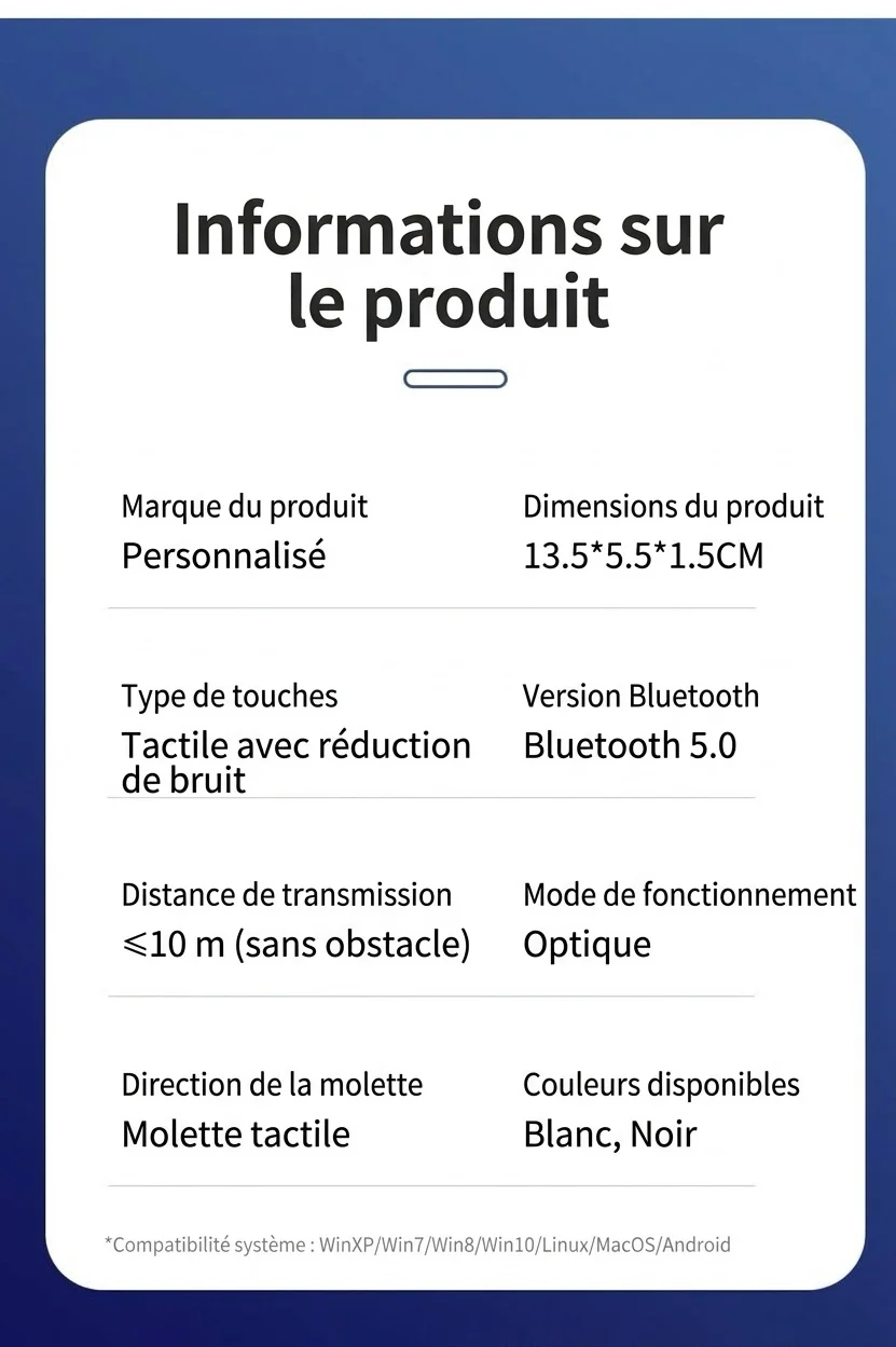 Souris Bluetooth 5.0 pliable ultra-fine, clics silencieux, autonomie de 1440 heures