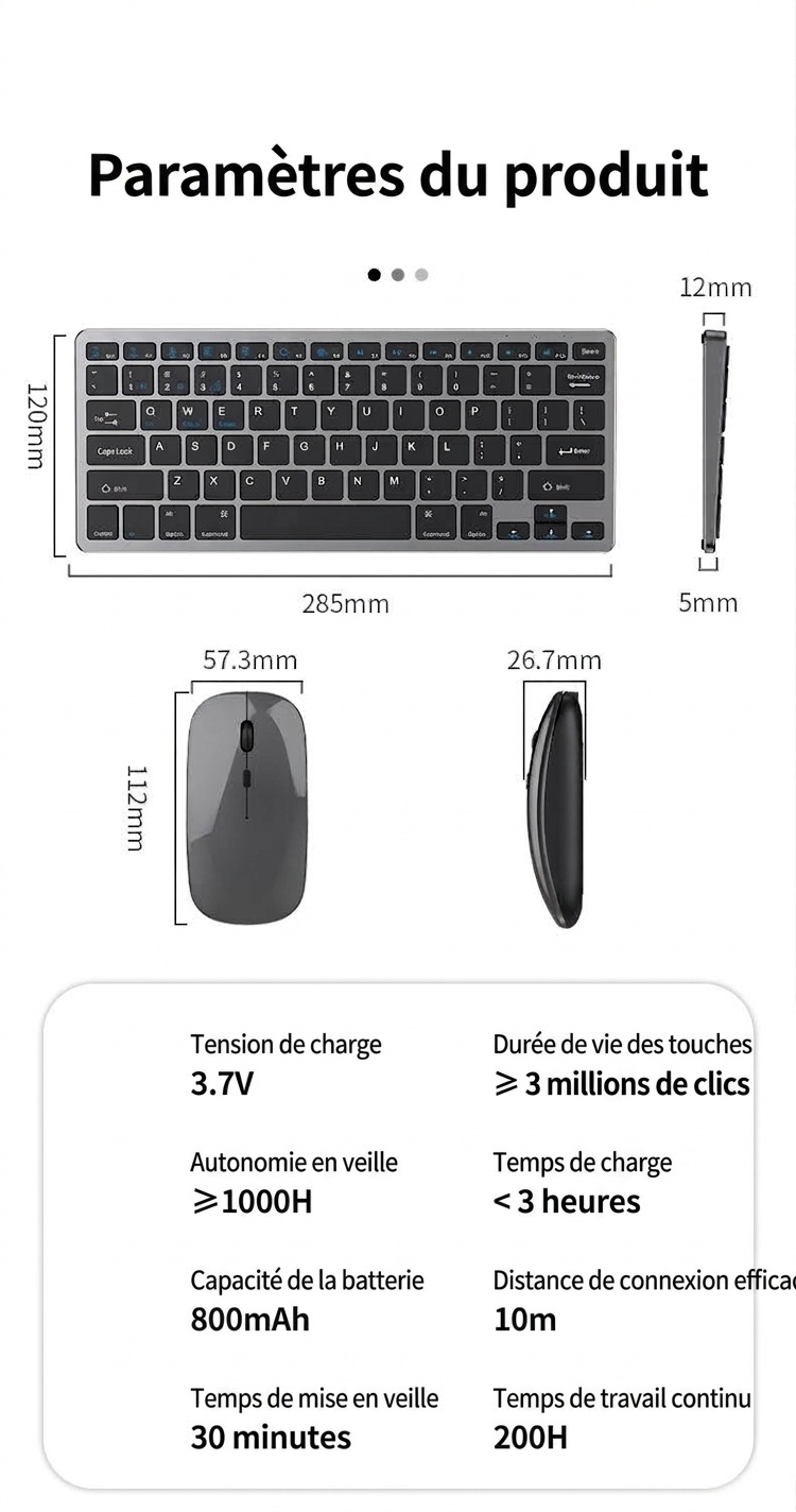 Ensemble clavier et souris sans fil Bluetooth 5.0 et 2,4 GHz multi-appareils