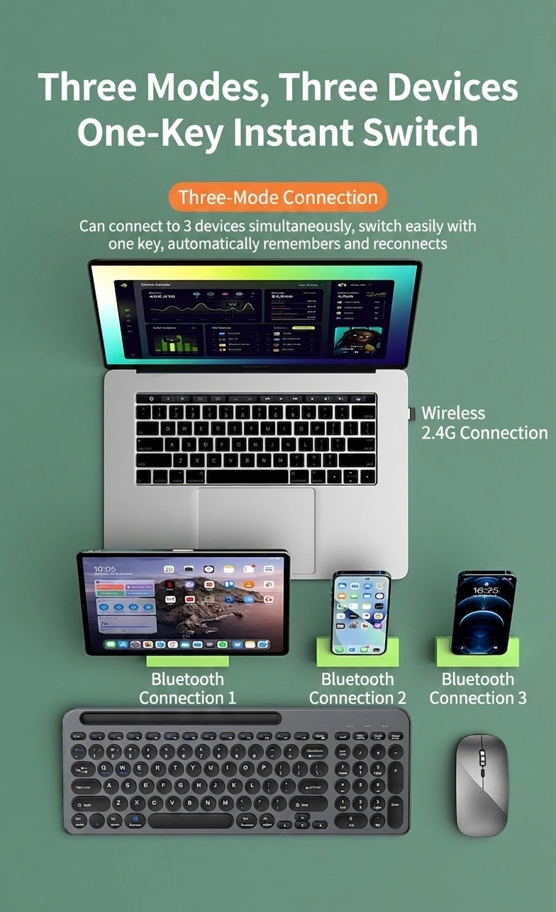 Versatile Bluetooth 5.2 & 2.4G Slim Wireless Keyboard & Mouse Combo, Type-C