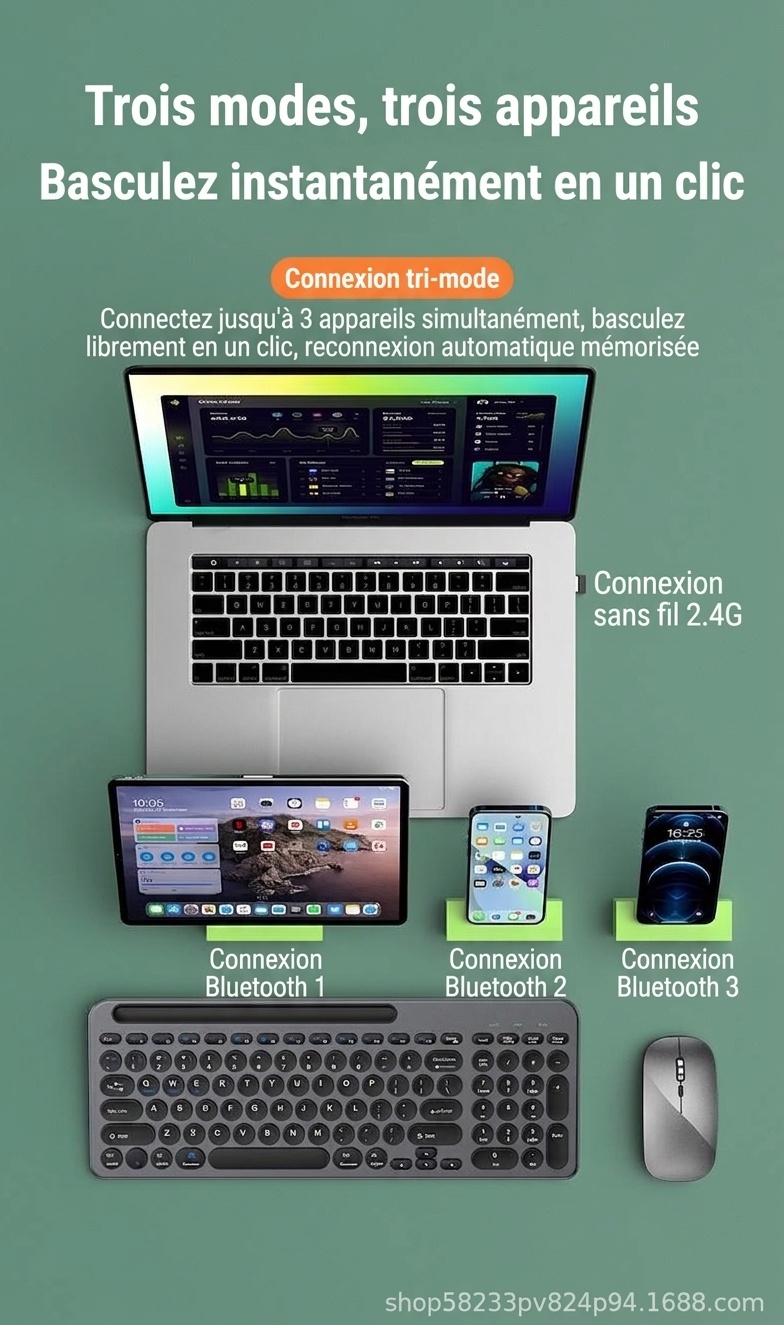 Ensemble clavier et souris sans fil Bluetooth 5.2 et 2,4 GHz fin et polyvalent, USB-C