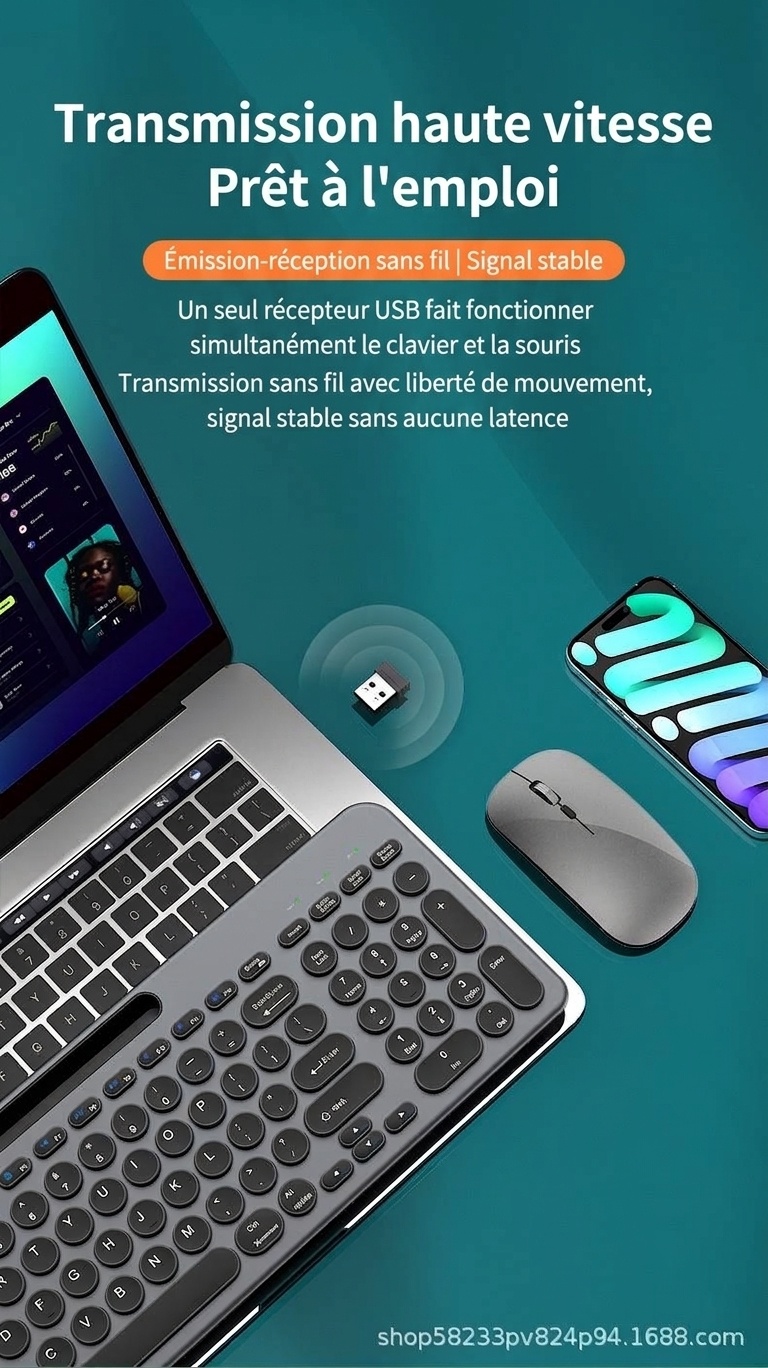 Ensemble clavier et souris sans fil Bluetooth 5.2 et 2,4 GHz fin et polyvalent, USB-C