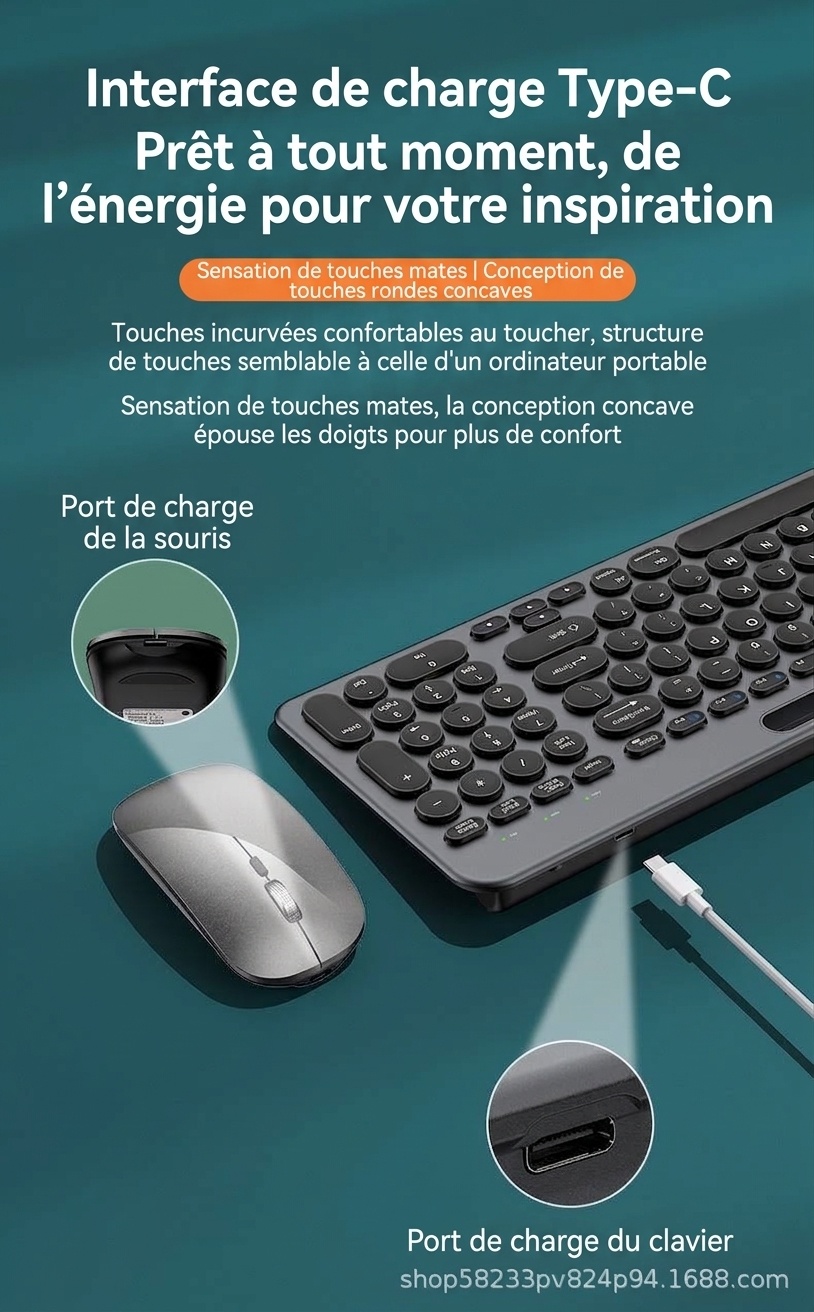 Ensemble clavier et souris sans fil Bluetooth 5.2 et 2,4 GHz fin et polyvalent, USB-C
