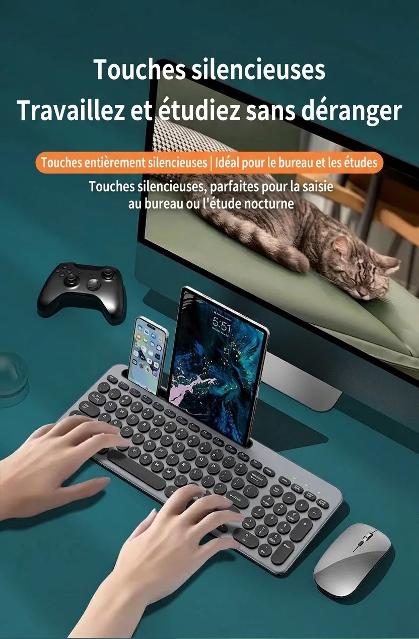 Ensemble clavier et souris sans fil Bluetooth 5.2 et 2,4 GHz fin et polyvalent, USB-C