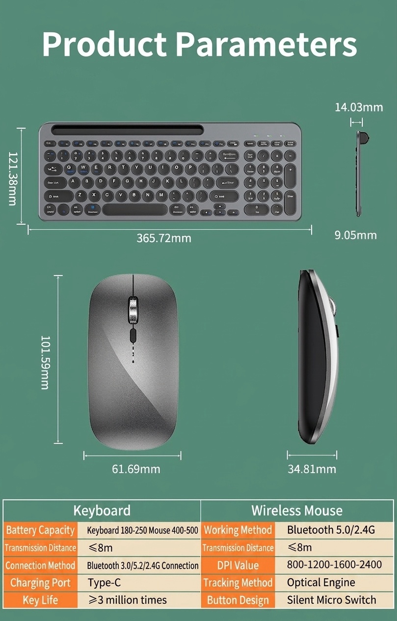 Versatile Bluetooth 5.2 & 2.4G Slim Wireless Keyboard & Mouse Combo, Type-C