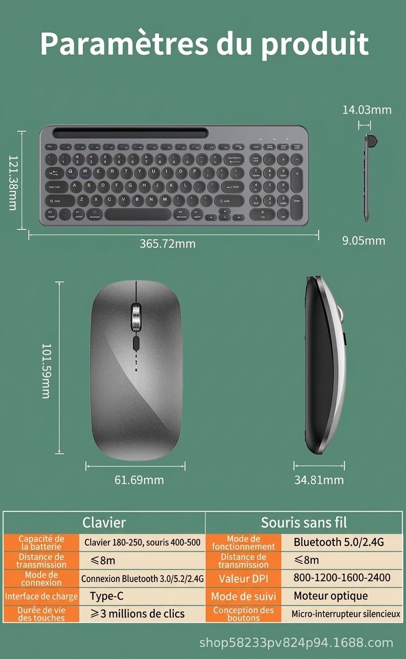 Ensemble clavier et souris sans fil Bluetooth 5.2 et 2,4 GHz fin et polyvalent, USB-C