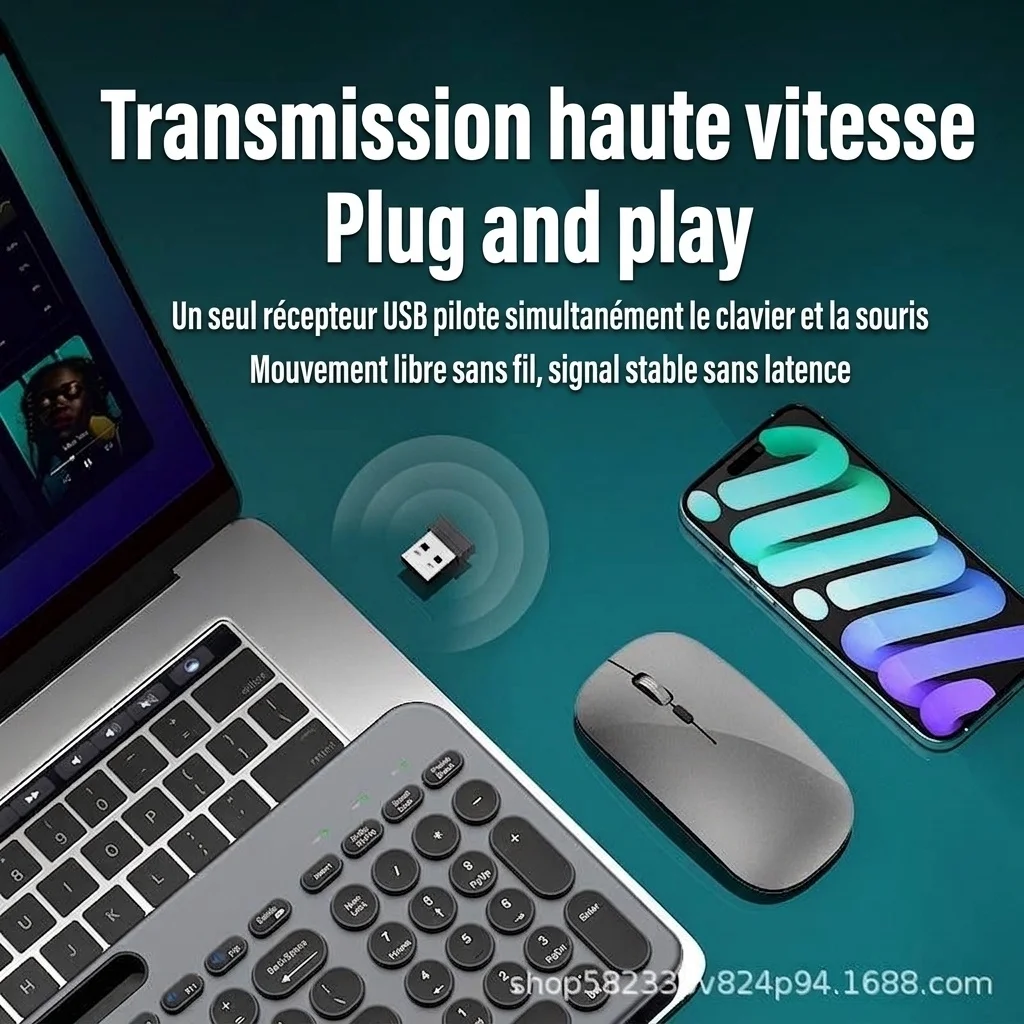 Ensemble clavier et souris sans fil Bluetooth 5.2 et 2,4 GHz fin et polyvalent, USB-C