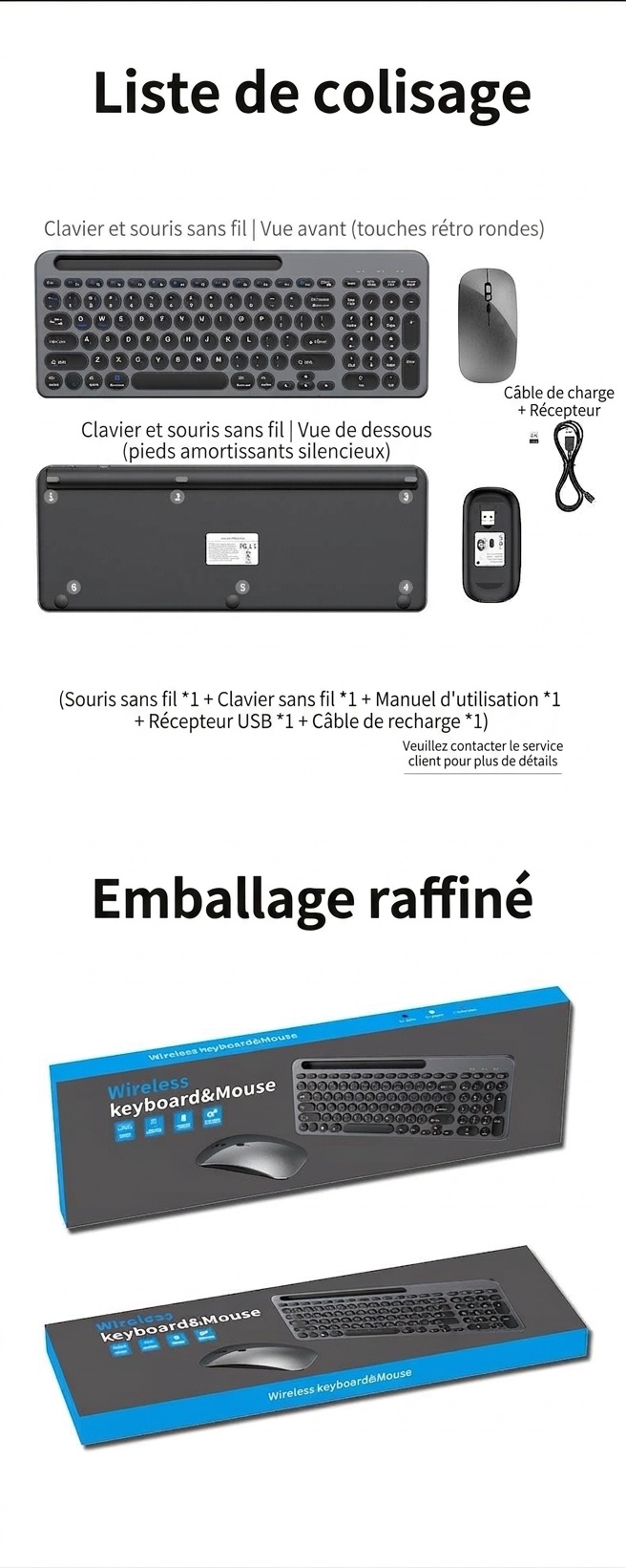 Ensemble clavier et souris sans fil Bluetooth 5.2 et 2,4 GHz fin et polyvalent, USB-C