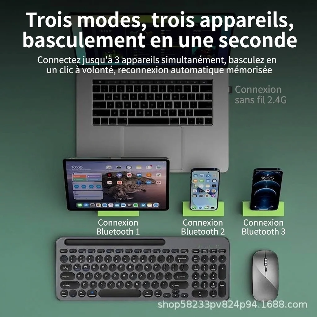 Ensemble clavier et souris sans fil Bluetooth 5.2 et 2,4 GHz fin et polyvalent, USB-C