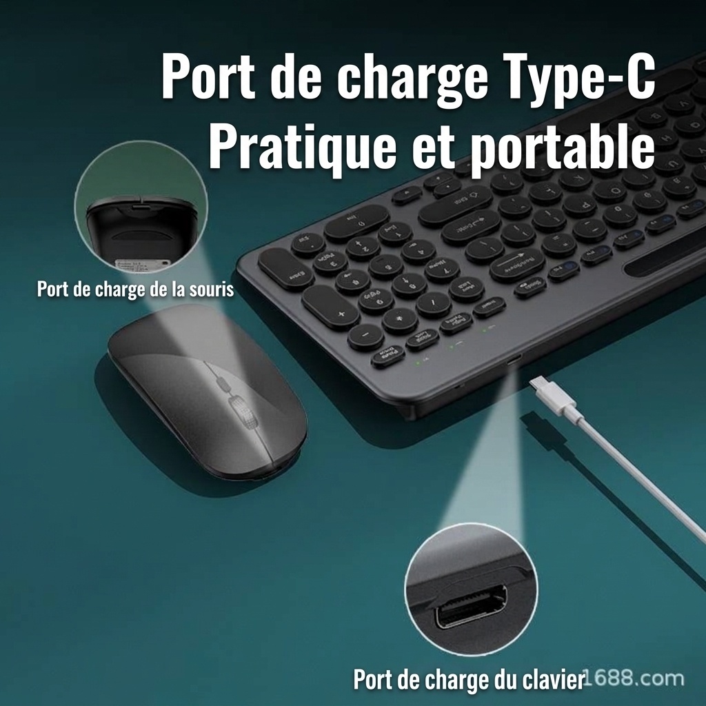 Ensemble clavier et souris sans fil Bluetooth 5.2 et 2,4 GHz fin et polyvalent, USB-C