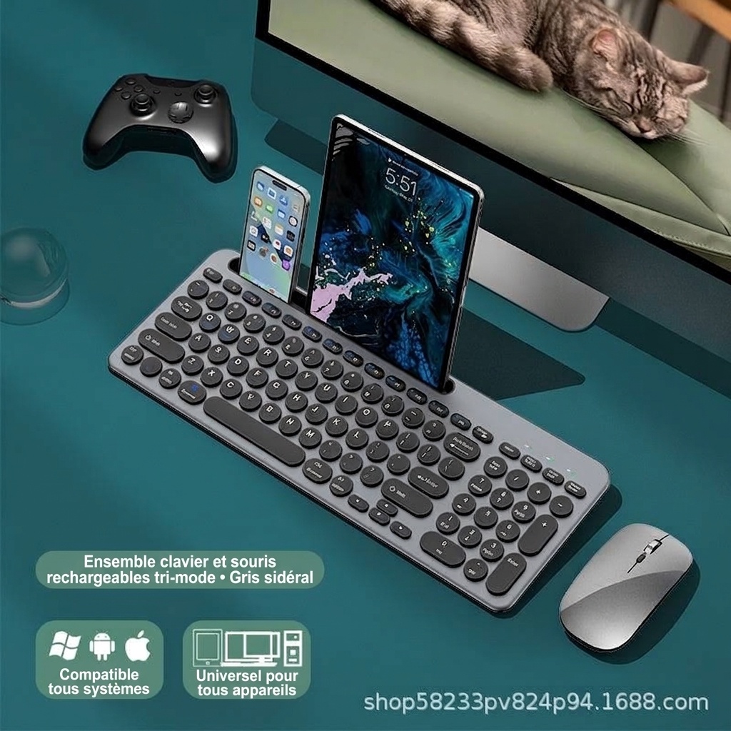 Ensemble clavier et souris sans fil Bluetooth 5.2 et 2,4 GHz fin et polyvalent, USB-C