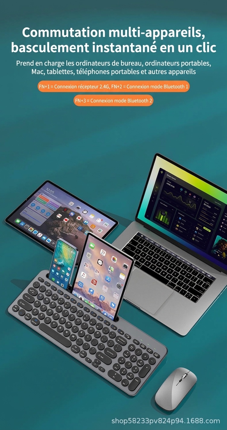 Ensemble clavier et souris sans fil Bluetooth 5.2 et 2,4 GHz fin et polyvalent, USB-C