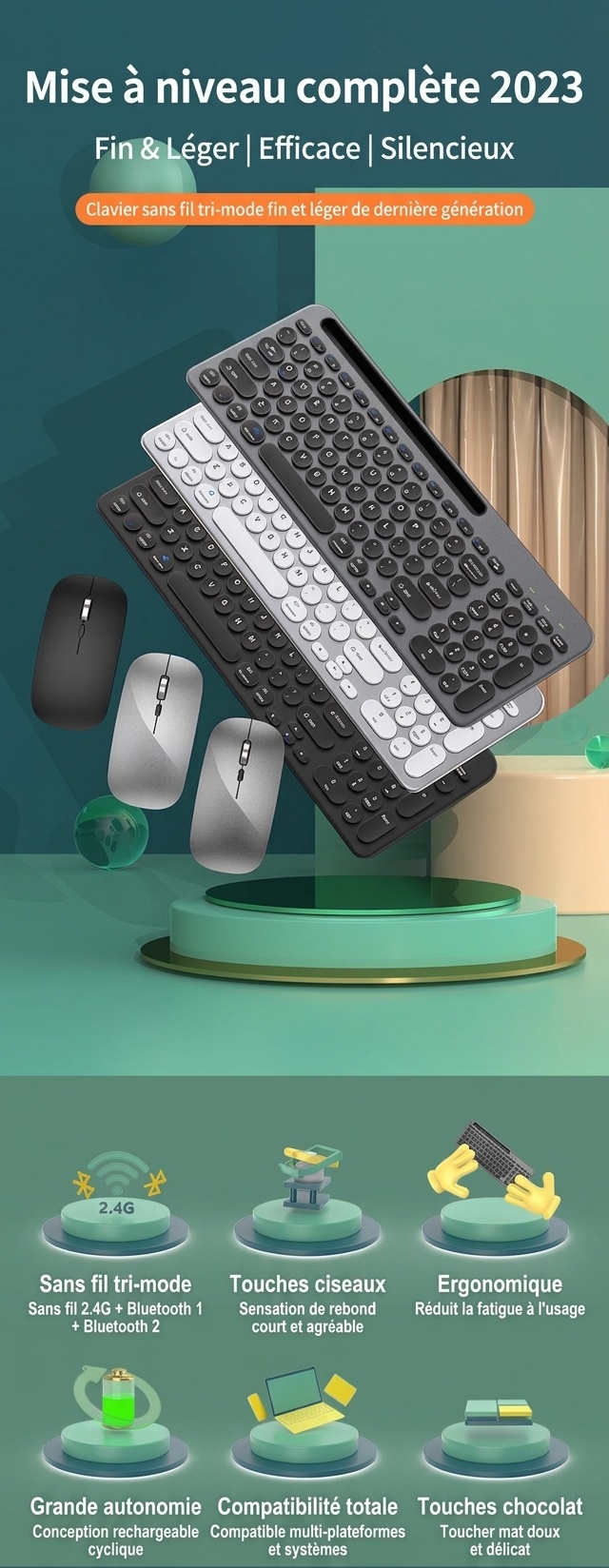 Ensemble clavier et souris sans fil Bluetooth 5.2 et 2,4 GHz fin et polyvalent, USB-C