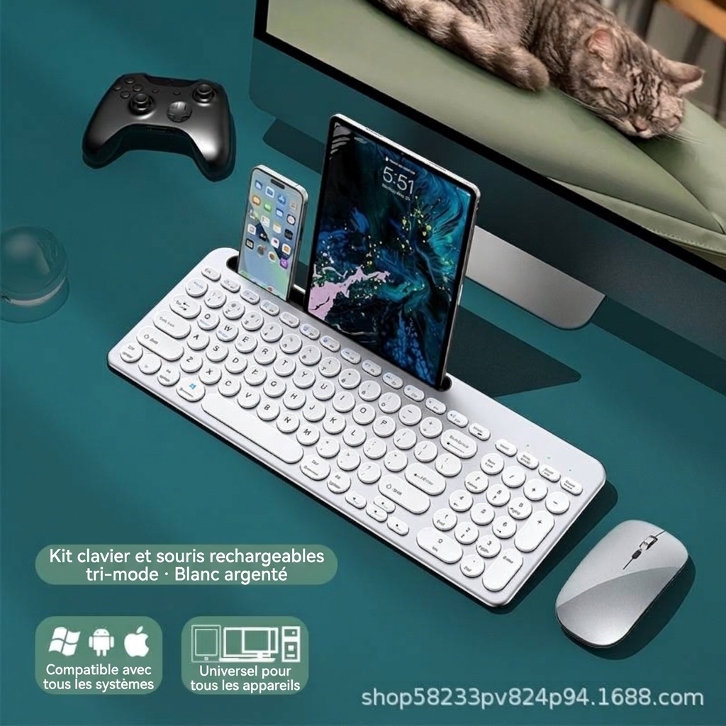 Ensemble clavier et souris sans fil Bluetooth 5.2 et 2,4 GHz fin et polyvalent, USB-C