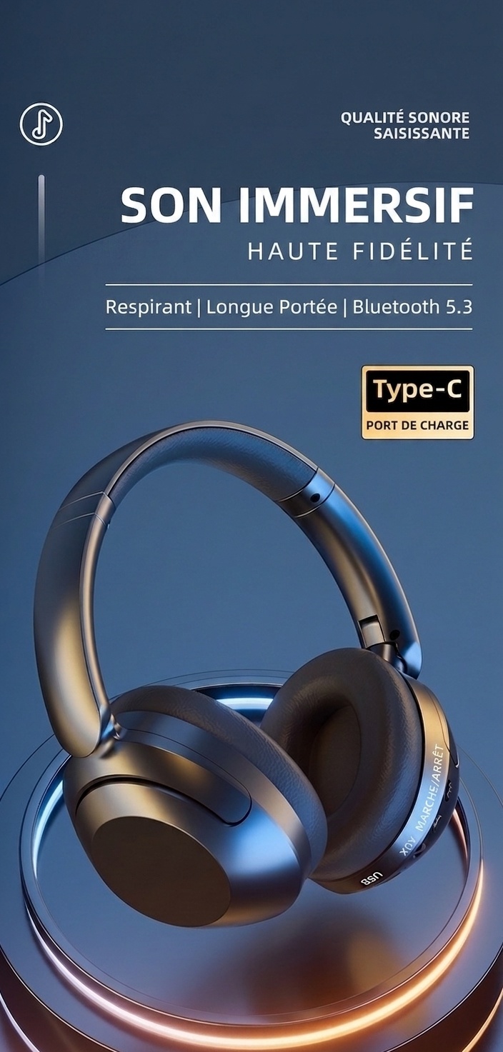 Écouteurs sans fil Bluetooth 5.3 avec réduction de bruit active et 80 heures d'autonomie