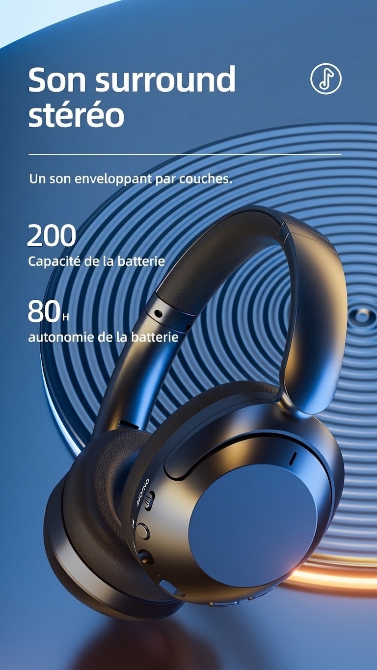 Écouteurs sans fil Bluetooth 5.3 avec réduction de bruit active et 80 heures d'autonomie