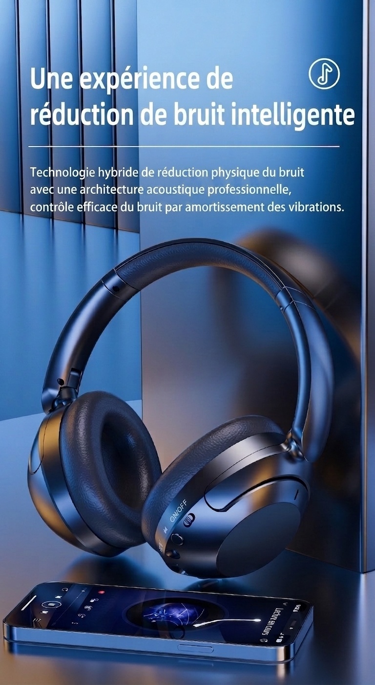 Écouteurs sans fil Bluetooth 5.3 avec réduction de bruit active et 80 heures d'autonomie